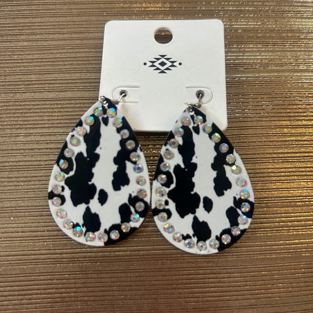 Cowhide Print Teardrop Earrings with Iridescent Rhinestones